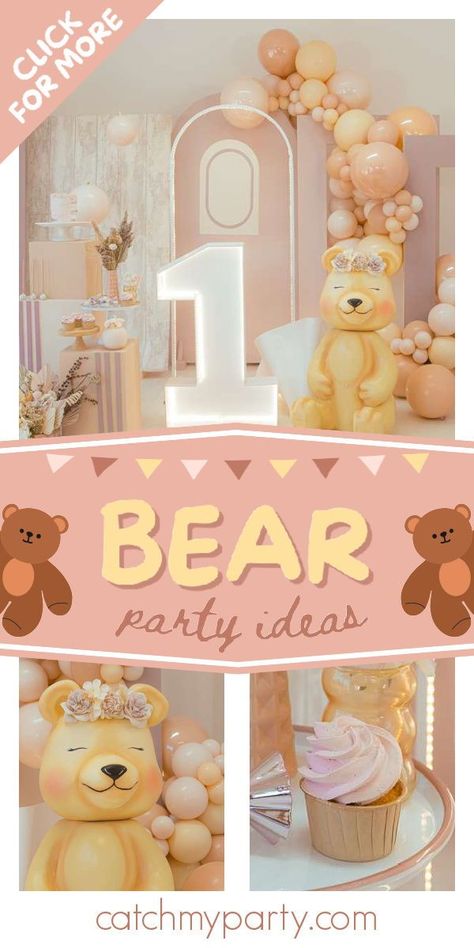 Check out this cute bear-themed party! The party decorations are fab! See more party ideas and share yours at CatchMyParty.com Bear 1st Birthday Party, Teddy Bear 1st Birthday, 1st Birthday Party For Girls, Boys 1st Birthday Party Ideas, Bear Birthday Party, Birthday Party Activities, Bear Party, Bear Birthday, Baby 1st Birthday