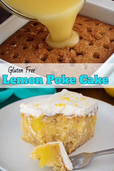 Gluten Free Lemon Poke Cake (video) - Faithfully Gluten Free Gluten Free Poke Cake Recipes, Gluten Free Poke Cake, Lemon Cake Gluten Free, Gluten Free Yellow Cake Mix, Orange Desserts, Lemon Poke Cake, Gluten Free Yellow Cake, Gf Cake Recipe, Gluten Free Lemon Cake