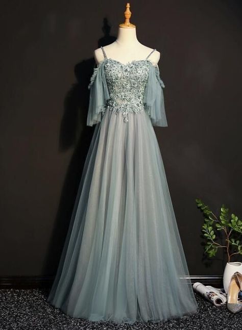 Prom Gown Elegant, Sage Green Prom Dress, Off Shoulder Party Dress, Evening Dress Beaded, Unique Party Dresses, Grey Evening Dresses, Gown Elegant, Green Tulle, Prom Dresses 2018