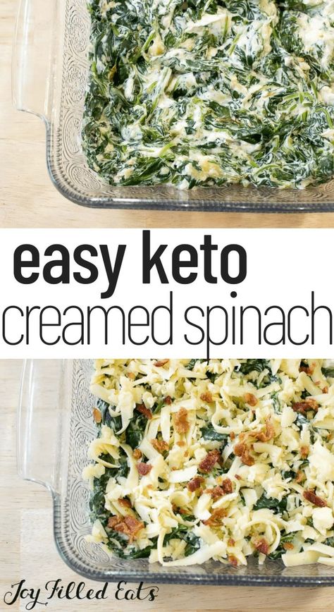 This is the best creamed spinach recipe ever. With 6 ingredients and 5 minutes of prep, you can have healthy creamed spinach at the dinner table in no time! Anything with bacon and cheese falls into the comfort food category in my family. If it has cheese and it has bacon my kids will eat it. I can imagine the reactions if I just bought the casserole dish full of raw spinach to the dinner table. But, mix in some bacon and cheese and make it into keto creamed spinach and it's a hit every time. Can Spinach Recipes, Raw Spinach Recipes, Creamed Spinach Recipe Healthy, Best Creamed Spinach, Healthy Creamed Spinach, Best Creamed Spinach Recipe, Sides Healthy, Keto Creamed Spinach, Keto Veggies