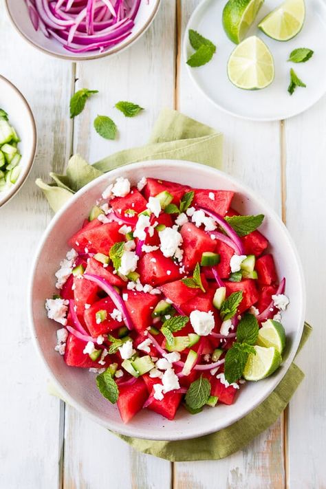 This Watermelon, Mint and Cucumber Salad recipe is my summer "go to". Lime juice, briny feta and olive oil round out the flavors in this easy side dish. Watermelon Cucumber Feta Salad, Watermelon Feta Salad Recipes, Watermelon And Mint, Watermelon Salad Recipes, Feta Salad Recipe, Creamy Shrimp Pasta, Watermelon Feta Salad, Mint Salad, Watermelon And Feta