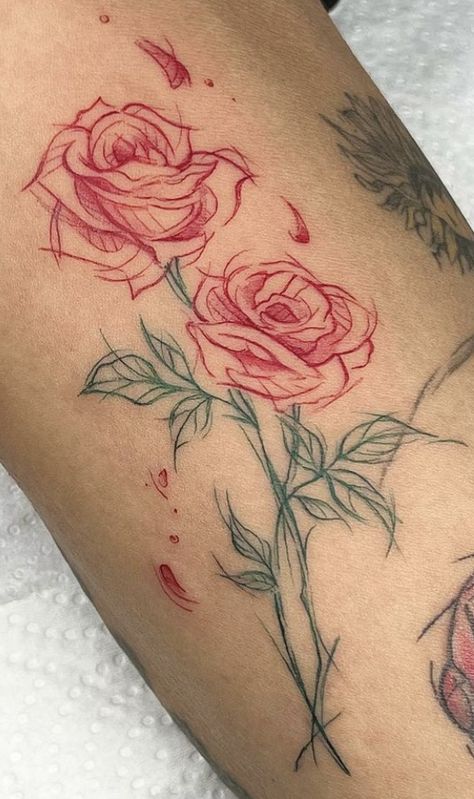 Red Line Rose Tattoo, Rose Tattoo Inner Bicep, Rose Tattoo Design Sketches, Red And Black Rose Tattoo, Colour Rose Tattoo, Rose Garden Tattoo, Two Roses Tattoo, Single Rose Tattoo, Rose Tattoo On Shoulder