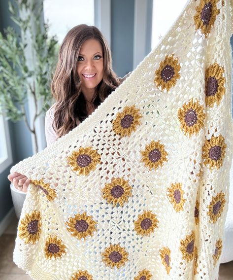 Sunflower Crochet Blanket, Sunflower Granny Square Blanket, Sunflower Blanket, Sunflower Granny Square, Picot Stitch, Sunburst Granny Square, Granny Stitch, Crochet Blanket Pattern, Technical Writing