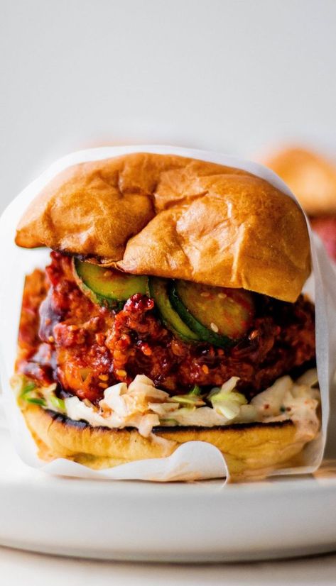 Kimchi Fried Chicken Sandwich, Spicy Crispy Chicken Burger, Asian Fried Chicken Sandwich, Kimchi Fried Chicken, Kimchi Chicken Sandwich, Orange Chicken Sandwich, Thai Fried Chicken Sandwich, Sweet And Spicy Chicken Sandwich, Saucy Chicken Sandwich