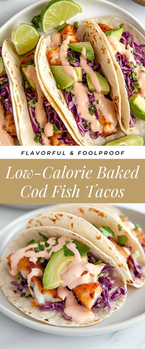 Image for Low-Calorie Baked Cod Fish Tacos Meal Prep Fish Tacos, Cod Fish Tacos Recipes Healthy, Battered Cod Fish Tacos, Healthy Salmon Tacos, Fish Sticks Tacos, Low Cal Tacos, Cod Tacos With Cabbage Slaw, Baked Cod Fish Tacos, Fish Tacos Baked