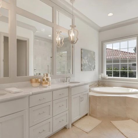 Paired Villa with Casita - Traditional - Bathroom - Miami - by Destin Custom Home Builders | Houzz Tub In Corner Of Bathroom, Corner Tub Ideas, Bathroom Concrete Floor, Corner Jetted Tub, Bathtub Pictures, Industrial Scandinavian, Scandinavian Rustic, Farmhouse Transitional, Drop In Tub