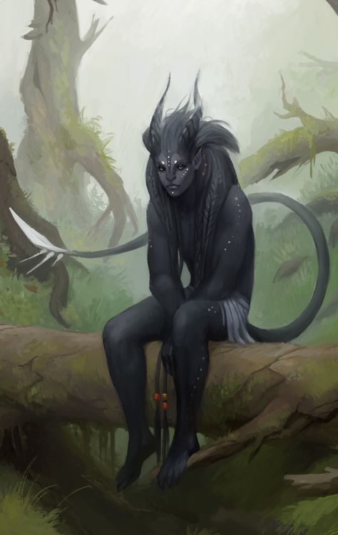 Zee by Alexandra Melnikova Forest Demon Art, Fey Touched Dnd, Humanoid Fantasy Creatures, Fey Touched Tiefling, Demon Tails Ideas, Forest Tiefling, Dark Forest Creatures, Grey Skin Character, Demon Tail Drawing