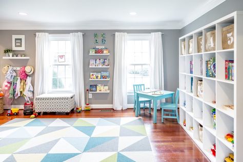 Playroom Inspiration Pretty Playroom, Functional Play, Modern Playroom, Kids Play Spaces, Colorful Playroom, Basement Playroom, Ikea Kallax, Formal Living Room, Kids' Playroom