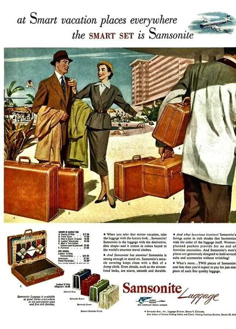 History of Luggage, Trunks and other Travel Luggage Who Invented Luggage? The ancient Egyptians around the year 1500 BC are considered the inventors of Luggage.  For their trips they used chests and trunks that evolved into primitive suitcases made of fine wood and covered with animal fat or leather to make them waterproof. The transfers were not for reasons of pleasure but religious or State, although not exempt from some scientific purpose. The luggage was very heavy. Heavy trunks and ... Read Vintage Samsonite Luggage, Samsonite Suitcase, Samsonite Luggage, Louis Vuitton Trunk, 1900s Fashion, Smart Set, Retro Accessories, Retro Ads, Vintage Luggage