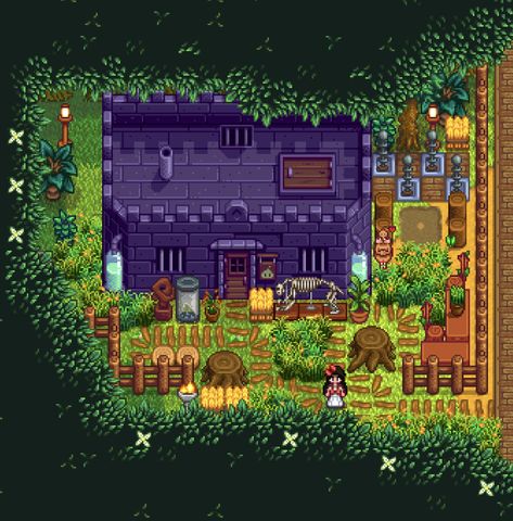 stardew valley forest farm design Stardew Valley Spooky Farm, Stardew Valley Decoration Ideas Outside, Stardew Layout, Stardew House, Stardew Ideas, Stardew Farm, Dinosaur Statue, Stardew Farms, Forest Farm