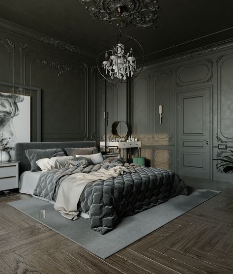 Dark Glamour Interior, Behance Bedroom Design, Expensive Bedroom Luxury, Bed Rooms Design Modern Luxury, Behance Bedroom, Glamour Bedroom, Neoclassic Interior, Man Bedroom, Security Room