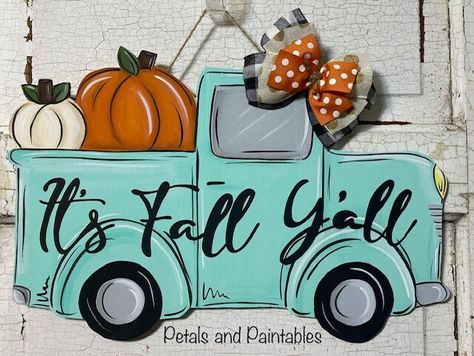 How To Paint Hay Bales, Painted Hay Bales, Truck Door Hanger, Country Trucks, Fall Door Hanger, Booth Displays, Craft Booth Displays, Hanging Display, Fall Door Hangers