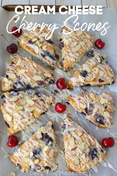 Cherry Almond Scones - EASY & Delicious Cherry Scone Recipe! Cherry Scone, Cherry Almond Scones, Cherry Scones Recipe, Oatmeal Breakfast Bars Healthy, Flaky Scones, Easy Scone, Cranberry Coffee Cake, Almond Scones, Recipes Brunch