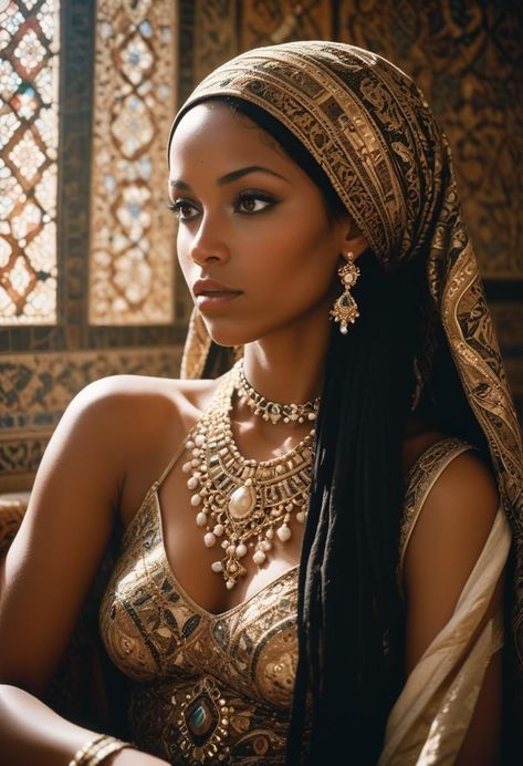 African Princess Hairstyles, African Queen Aesthetic, Egyptian Black Women, African Princess Aesthetic, Bellydance Aesthetic, Black Goddess Aesthetic, Middle East Fashion, Nubian Princess, Egyptian Princess