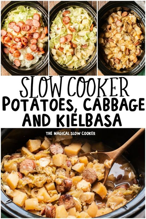 Slow Cooker Cabbage, Potatoes and Kielbasa is a one pot meal that is full of flavor - The Magical Slow Cooker 5 Star Dinner Recipes, 5 Star Dinner, Potatoes And Kielbasa, Cabbage And Kielbasa, Slow Cooker Cabbage, Potatoes Cabbage, Cabbage Potatoes, Kielbasa And Potatoes, Kielbasa And Cabbage