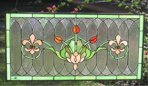 Amazon.com - Tiffany Stained Glass Transom Window Panel Fleur De Lis 32" x 16" - Framed Stained Glass Tiffany Stained Glass Windows, Stained Glass Transom Window, Stained Glass Transom, Glass Transom, Fine Art Lighting, Transom Window, Painted Glass Art, Tiffany Stained Glass, Stained Glass Window Panel