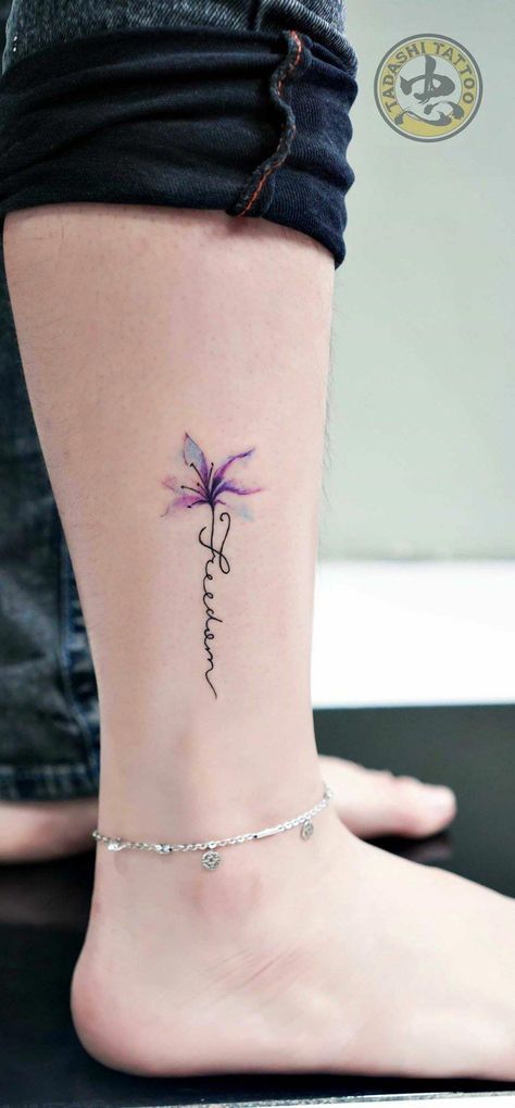 Meaningful word wrist tattoo Freedom Flower Tattoo, Flower With Letter Tattoo, Flower Lettering Tattoo, Freedom Tattoo, Lotusblume Tattoo, Letter Tattoo, Tattoo Wrist, Small Flower Tattoos, Disney Tattoo