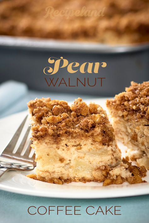 Learn how to make a pear walnut coffee cake. This heavenly delight combines pears' sweet, tender juiciness with the delightful crunch of walnuts, all wrapped in a moist, rich cake with hints of cinnamon and nutmeg. It perfectly accompanies your morning coffee or a lovely afternoon indulgence. Pear Coffee Cake Recipe, Pear Coffee Cake, Walnut Coffee Cake, Coffee List, Canned Pears, Rich Cake, Pear Cake, Let Them Eat Cake, Coffee Cake