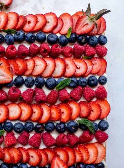 Triple Berry Sheet Cake with Cream Cheese Frosting Balsamic Pasta, Vanilla Sheet Cakes, 4th Of July Recipes, Best Baked Beans, Strawberry Cobbler, Fruit Pizza Sugar Cookie, Strawberry Balsamic, July Recipes, Blue Desserts