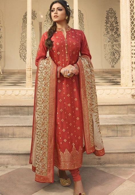 orange jacquard embroidered straight churidar suit 3707 Silk Suit Designs Indian, Banarsi Suit Design, Banarasi Suit Designs, Banarsi Suit, Wedding Salwar Suits, Salwar Suit Designs, Embroidered Suit, Churidar Suits, Indian Designer Suits