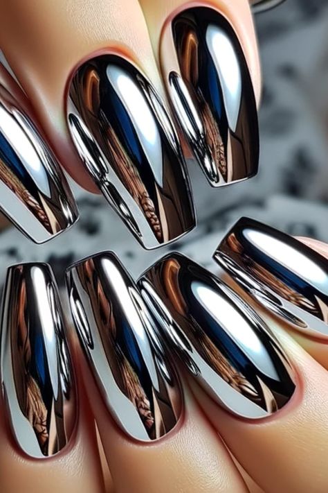 43 Chrome Nails To Indulge In The Shimmer Metallic Nails Coffin, Nail Crome Design Coffin, Elegant Chrome Nails, Dip Nails Chrome, 2024 Chrome Nails, Gunmetal Chrome Nails, Trendy Nails Chrome, Coffin Silver Chrome Nails, Ombre Chrome Nails Designs