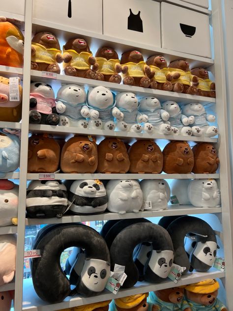 the pin shows shelves in a miniso store, on which there are we bare bears plushies Miniso Store, Plushies Sanrio, Stationery Obsession, We Bare Bears, Bare Bears, Future Goals, Soft Toy, Things To Buy, Bears