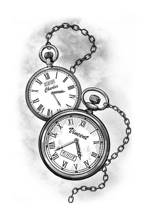 I will draw a tattoo design Stop Watch Tattoo Designs, Pocket Watch With Chain Tattoo, 3 Clocks Tattoo Design, 3 Pocket Watch Tattoo Design, Time Watch Tattoo, Clock Design Tattoo, Tattoo Clock Design, Old Clock Tattoo Design, Vintage Watch Tattoo