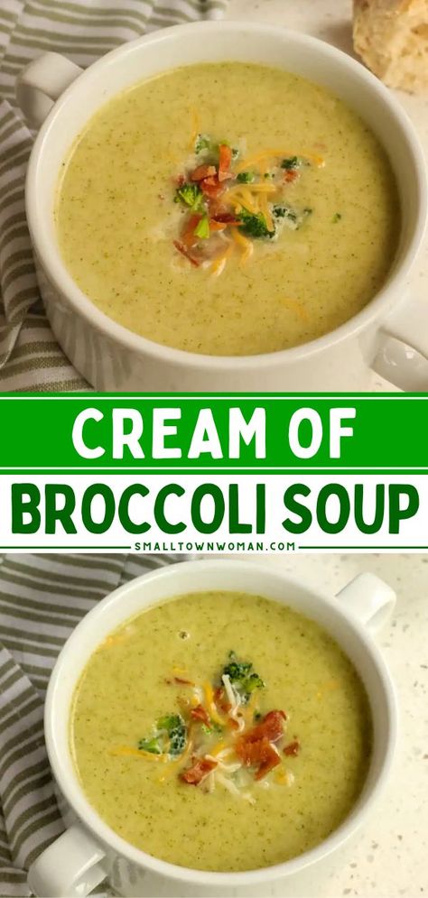 Learn how to make Cream of Broccoli Soup! It's an easy comfort food dinner. Not only is this simple soup recipe combined with potatoes, but it is also garnished with bacon and cheese! Cream Of Brocolli Soup Recipes Easy, Cream Of Broccoli Soup Recipe Easy, Broccoli Bacon Soup, Broccoli Cream Soup, Cream Of Broccoli Soup Recipe, Healthy Soup Recipes Clean Eating, Easy Broccoli Cheddar Soup, Easy Comfort Food Dinners, Healthy Broccoli