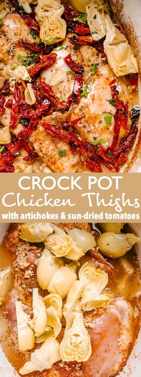 Melt-in-your-mouth chicken thighs prepared in the crock pot with artichoke hearts and sun-dried tomatoes. An easy crock pot chicken thighs recipe! #crockpot #chicken #chickenthighs #dinner Crock Pot Chicken Thighs, Easy Crock Pot Chicken, Mediterranean Recipes Healthy, Crockpot Chicken Thighs, Mediterranean Diet Recipes Dinners, Chicken Thighs Recipe, Thighs Recipe, Easy Mediterranean Diet Recipes, Crock Pot Chicken