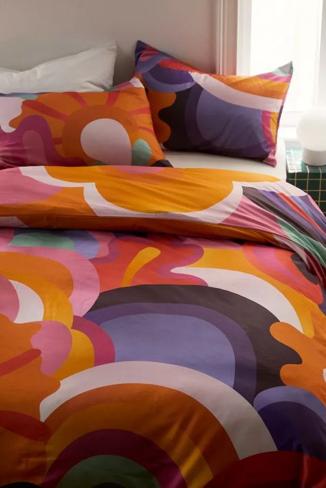 Maximalist Duvet Cover, Funky Bed Rooms Ideas, Funky Bedding Ideas, Funky Duvet Covers, College Apartment Decor Bedroom, Maximalist Bedding, Groovy Bedroom, Funky Bedding, Apartment 2023