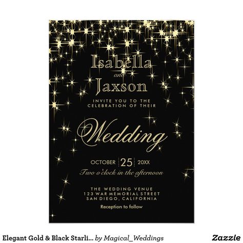 Elegant Gold & Black Starlights Wedding Invitation Wedding Stars, Starlight Wedding, Silver Wedding Theme, Black And Gold Wedding, Burgundy Wedding Invitations, Monogram Wedding Invitations, Black Wedding Invitations, Cheap Wedding Invitations, Wedding Gold