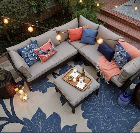 Coral Navy patio furniture Blue Patio Decor, Patio Color Schemes, Peaceful Summer, Colorful Patio, Blue Patio, Decor Color Schemes, Patio Inspiration, Spring Forward, Pool Decor