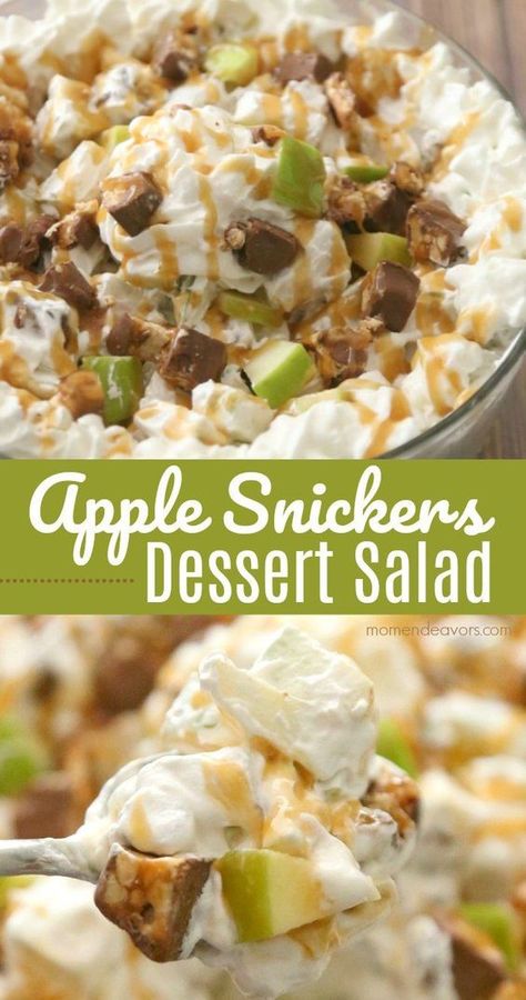 Apple Snickers Dessert Salad -- only 3 ingredients and no-bake!!  The creamy & crunchy combination of apple, chocolate, peanut, and caramel flavors compliment each other SO well that this dessert is sure to be a crowd pleaser! Apple Snickers Salad, Desert Fruit, Snickers Dessert, Salad Board, Missions Conference, Apple Chocolate, Snicker Apple Salad, Snickers Salad, Easy Party Desserts