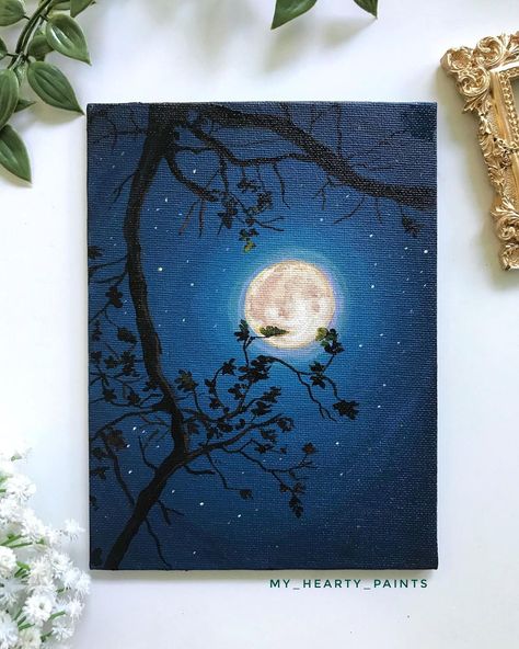 Anju | gouache,acrylics on Instagram: “Moon light night🌝✨😍 DM to buy @flashpaints_official acrylics on @anupam art canvas board Reference: @pinterestindia @persephonay…” Night Time Painting Ideas, Night Light Painting, Moon Gouache Painting, Painting Ideas On Canvas Moon, Moon Scenery Painting, Painting Ideas Night, Inspo For Painting, Watercolor Art Night, Painting Ideas On Canvas Dark