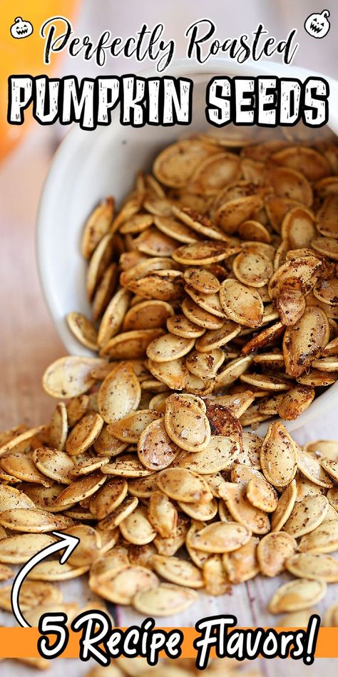 Our no-fail recipe for making the perfect ROASTED PUMPKIN SEEDS. An easy, healthy and crunchy snack for the fall season. Plus, 5 simple seasoning options you have to try! Oven Pumpkin Seeds, Roasted Pumpkin Seeds Seasoning, Cooking Pumpkin Seeds In The Oven, Simple Pumpkin Seed Recipe, Baking Pumpkin Seeds In Oven Easy, Boiling Pumpkin Seeds, Roasting Squash Seeds, Pumpkin Seeds Recipe Oven, Baking Pumpkin Seeds In Oven