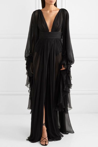 Black Chiffon Gown, Ruffled Chiffon Dress, Black Dress Chiffon, Black Fantasy Dress, Chiffon Layered Dress, Long Ruffle Dress, Black Chiffon Dress, Fantasy Closet, Black Chiffon