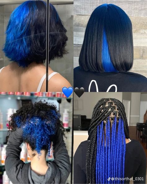 Natural Dyed Hair Ideas, Blue Skunk Stripe Hair, Hair Color Combos, Horror Movie Outfits, 4b Curls, Blue Curly Hair, Blue Natural Hair, Movie Star Dress, Dyed Curly Hair