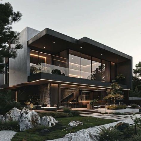 Modern Industrial House Design Exterior, Giant Modern Mansion, Big House Exterior Luxury, Industrial House Design Exterior, Modern Luxury House Exterior, Concrete Houses Architecture, Big Modern Houses, House Outer Design, House Balcony Design