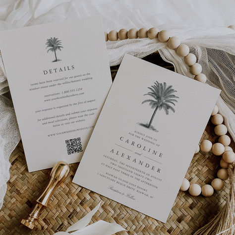 Island vintage all-in-one wedding invitations on beautiful textured paper with a delicate palm tree motif, and your wedding details on the back, including an RSVP QR code Palm Tree Invitation, Palm Tree Illustration, Palm Tree Wedding Invitations, Rsvp Qr Code, Palm Tree Wedding, Vintage Palm Tree, Palm Wedding, Tree Wedding Invitations, Hawaii Destination Wedding