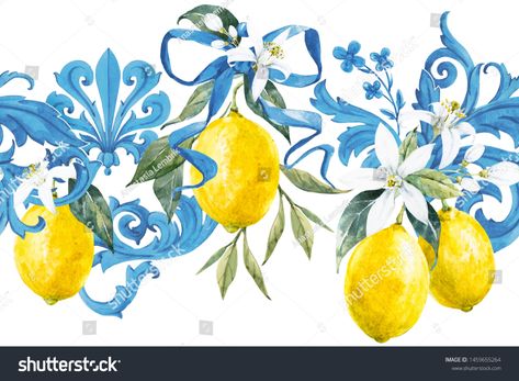 Seamless Watercolor Pattern Lemons Baroque Ornament Stock Illustration 1459655264 Lemon Vector, Watercolor Lemon, Lemon Flowers, Baroque Ornament, Capri Style, Lemon Patterns, Social Media Logos, Decoupage Paper, Watercolor Pattern