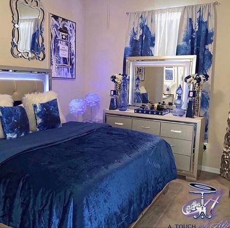 Gray And Navy Blue Bedroom Ideas, Royal Blue Glam Bedroom, Glam Bedroom Decor Blue, Royal Blue Theme Bedroom Ideas, Royal Blue And Grey Bedroom Ideas, Blue Silver Bedroom Ideas, Royal Blue And Silver Bedroom Ideas, Royal Blue Bedroom Ideas For Women, Royal Blue And Gray Bedroom