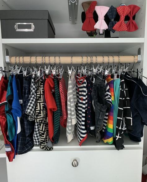 Pet Clothes Organization, Organize Dog Bandanas, Dog Closet Organization, Dog Clothes Organization Ideas, Dog Closet Ideas, Dog Clothes Storage, Sweater Organization, Pet Supplies Organization, Dog Closet