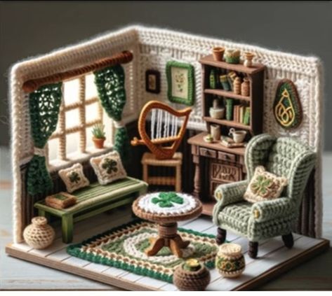 Crochet Diorama, Shabby Chic Embroidery, Diy Finger Knitting, Felt Doll House, Crochet Furniture, Doll House Plans, Doll Diy Crafts, Crochet Dragon, Crochet Leaves