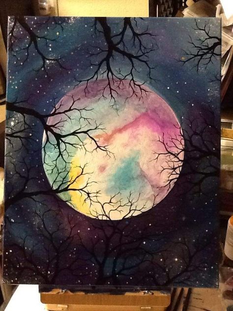 Moon Art Painting, Witchy Watercolor, Moon Abstract Art, Acrylic Sky, Laying On The Ground, Dark Watercolor, Moon Artwork, Watercolor Art Landscape, Acrylic Art Projects