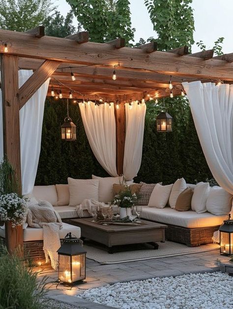 Back Patio With Curtains, Pergolas With Curtains, Pergola Curtain Ideas, Curtains On Pergola, Curtains Pergola, Pergola With Curtains, Gazebo With Curtains, Portugal House, Hipster Home