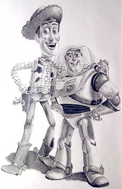 Disney Pixar - Toy Story - Woody & Buzz Lightyear pencil drawing Disneyland Art, Toy Story Crafts, Dibujos Toy Story, Disney Sleeve, Disney Drawings Sketches, Story Drawing, Images Disney, Drawing Cartoon Characters, Disney Sketches