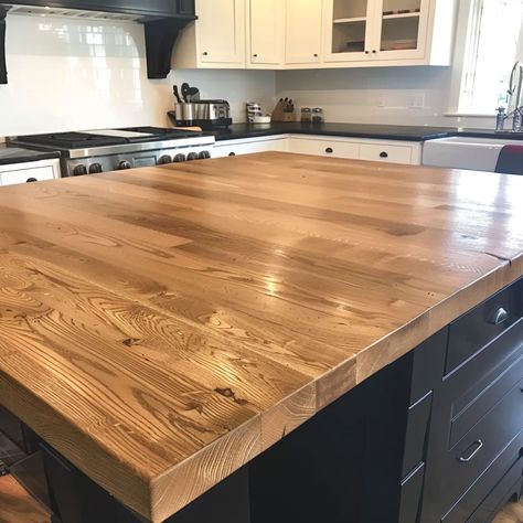 Oak kitchen countertop Maple Island Countertop, Wood Floor Countertops, Homemade Kitchen Countertops, Wood Look Countertops Kitchen, Wooden Counters Kitchen, Diy Wooden Island Countertop, Teak Countertop Kitchen, Red Oak Countertop, Kitchen Island With Wood Countertop