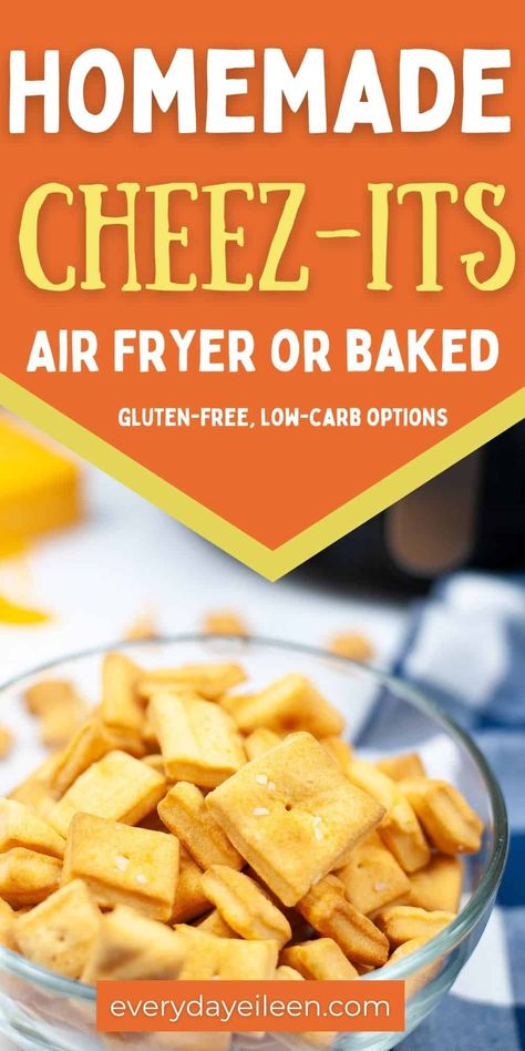 Homemade Cheez-Its can be either Air Fried or Baked in the oven for a great tasting DIY Cheese cracker. The cheddar flavors are fresh and bold. These crackers are a hit with the family and kids love these crackers. We have included both Gluten-free and Low-carb options for these tasty easy baking treats. via @/everydayeileen/ Home Made Cheez Its, Diy Cheese Crackers, Easy Baking Treats, Gluten Free Cheez Its, Cheez It Recipe, Homemade Cheez Its, Homemade Cheese Crackers, Cheesy Crackers, Healthy Crackers