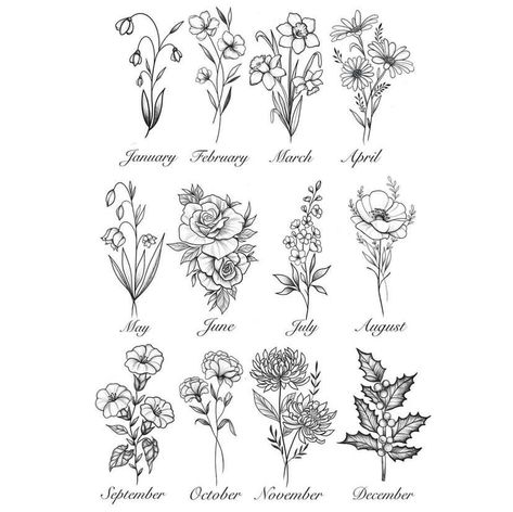 February Birth Flower Bouquet Tattoo, April Birth Flower Tattoo Ideas, April Birth Flower Bouquet Tattoo, Delfinium Flower Tattoo, Birth Month Flower Tattoos With Names, Mixed Flower Tattoo, April Tattoo Ideas, Birth Month Tattoo Ideas, Birth Month Flower Tattoos