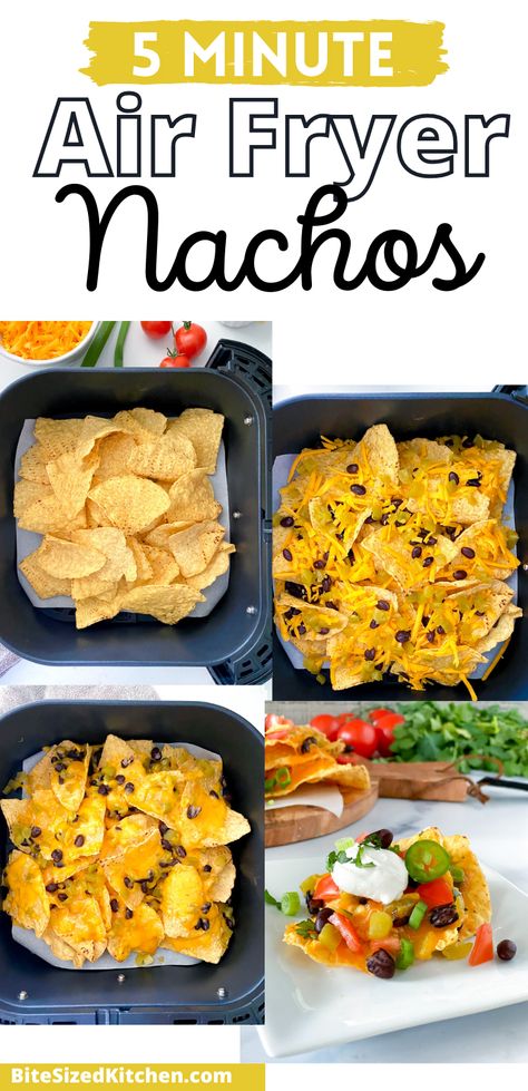 Four images of nachos in the air fryer with cheese beans and tomatoes. Nachos Recipe Air Fryer, Air Fryer Meals Vegetarian, Air Fryer Nachos Recipes, Air Fryer Nachos, Cheesy Nachos, New Air Fryer Recipes, Air Fryer Oven Recipes, Diner Recept, Air Fry Recipes